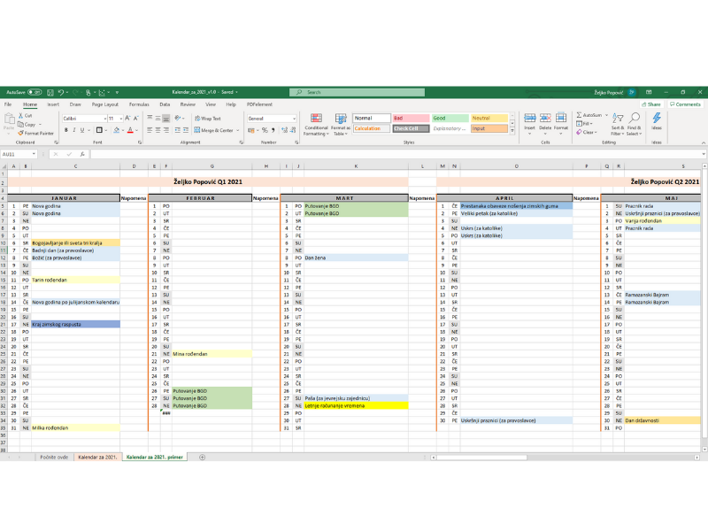 Isplanirajte 2021. pomoću kalendara napravljenog u Excel-u (2.0 verzija)